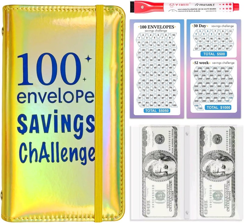 gusutide 100 Envelope Savings Challenge Binder, Money Saving Binder with Cash Envelopes, from 30 Days to 52 Weeks, to Save $500,$5,050 and $10,000, back to school supplies,gift for children (Golden-A6) - Image 1